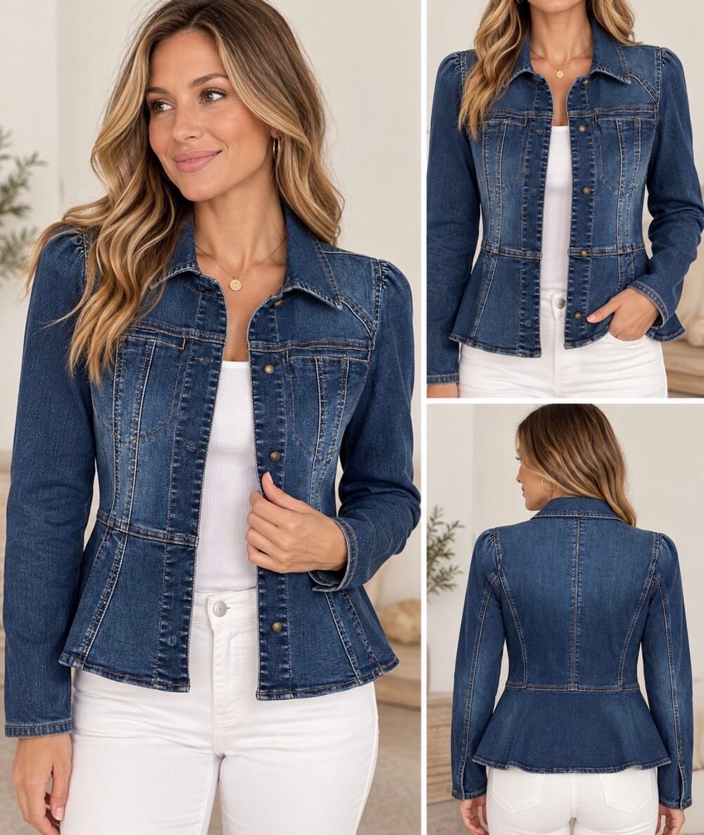 WIT & WISDOM Women’s Denim Peplum Jacket Puff Sleeve Stretch Small